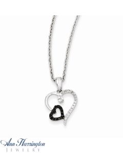 Sterling Silver .12 ct tw Black and White Diamond Double Heart Pendant Necklace