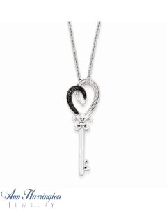 Sterling Silver 1/8 ct tw Black and White Diamond Heart Key Pendant Necklace