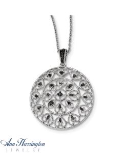 Sterling Silver Rhodium Plated 1/5 ct tw Black Diamond Circle Filigree Pendant 