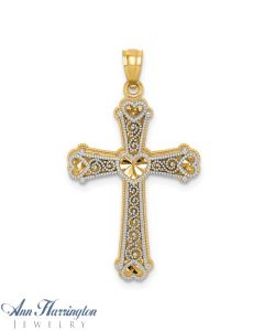 14k 2-Tone Gold 33x19 mm Vintage Scrolls and Hearts Cross Pendant