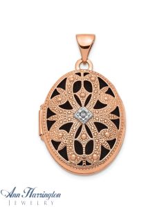 14k Rose Gold 21 mm Oval With .005 ct tw Diamond Vintage Black Interior Locket