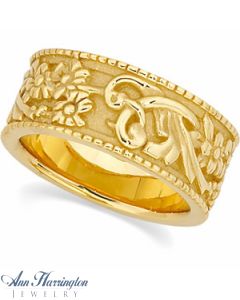 14k Yellow Gold 9 mm Flower Design Wedding Band