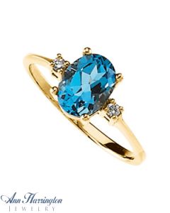 14k Yellow Gold 8x6 Genuine Swiss Blue Topaz And .04 ct tw Diamond Ring