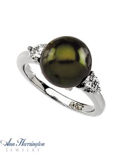 14k White Gold 1/4 ct tw Diamond and 8 mm Black Cultured Pearl Ring