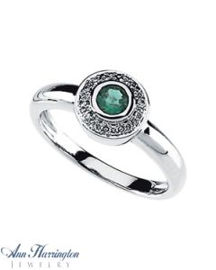 14k White Gold .06 ct tw Diamond and 4 mm Genuine Emerald Vintage Style Bezel Ring