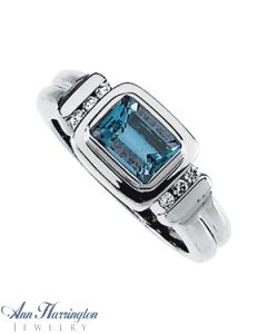 14k White Gold 1/10 ct tw Diamond and 7x5 mm Emerald Cut Genuine Aquamarine Bezel Ring