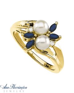 14k Yellow Gold .04 ct tw Diamond, 4.5 mm Akoya Cultured Pearl & Genuine Sapphire Ring