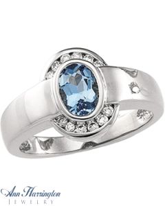 14k White Gold 1/8 ct tw Diamond and 7x5 mm Oval Genuine Aquamarine Bezel Ring