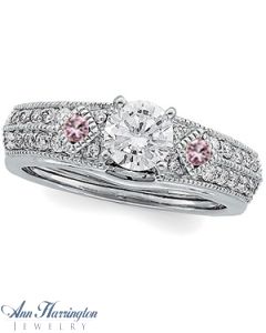 14k White Gold 1/4 ct tw Diamond and Genuine Pink Sapphire Antique Style Ring Enhancer