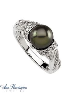 14k White Gold 1/3 ct tw Diamond and 8 mm Freshwater Cultured Black Pearl Ring, F4483