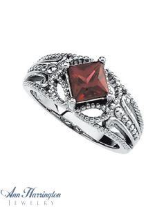 14k White Gold 6 mm Genuine Rhodolite Garnet Antique Style Ring