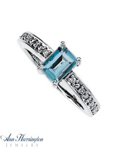 14k White Gold 1/10 ct tw Diamond and 7x5 mm Emerald Cut Genuine Aquamarine Ring