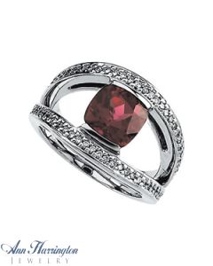 14k White Gold 8 mm Genuine Rhodolite Garnet and 1/3 ct tw Diamond Ring