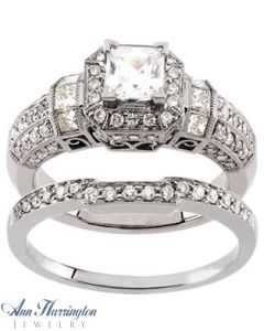 14k White Gold 9/10 ct tw Diamond Antique Style Halo Engagement Ring, 5x5 mm (for 3/4 ct) Princess Semi Setting