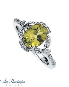 14k White Gold 7/8 ct tw Diamond and 9x7 mm Oval Cut Genuine Peridot Antique Style Ring