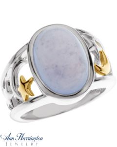 Sterling Silver and 14k Yellow Gold 2-Tone 14x10 mm Oval Moon and Stars Design Cab Ring Setting