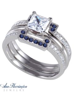 14k White, Yellow Gold or Platinum .14 ct tw Diamond Pave and Genuine Blue Sapphire Antique Style Halo Ring Guard for Princess, Radiant, Cushion etc.