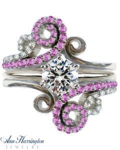 14k White, Yellow Gold or Platinum 1/10 ct tw Diamond and Genuine Pink Sapphire Antique Style Scroll Design Wedding Ring Guard, A044