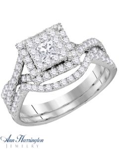 14k White Gold 7/8 ct tw Princess and Round Diamond Antique Style Halo Engagement and Wedding Ring Set, A04752