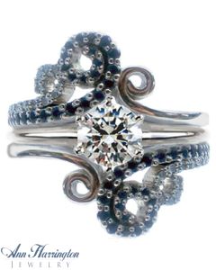 14k White, Yellow Gold or Platinum 1/10 ct tw Diamond and Genuine Blue Sapphire Antique Style Scroll Design Wedding Ring Guard, A047