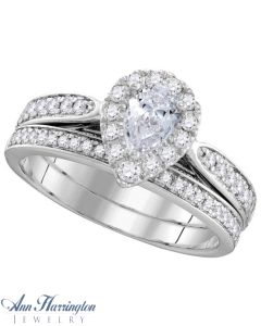14k White or Yellow Gold 1 ct tw Pear Shape and Round Diamond Antique Style Halo Engagement and Wedding Ring Set