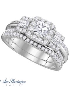 14k White or Yellow Gold Certified 1 ct tw 3 Stone Princess and Round Diamond Antique Style Halo Engagement and Wedding Ring Set, A06335