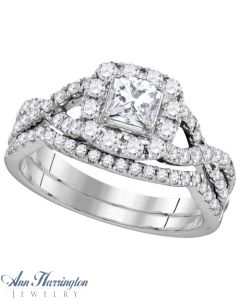 EGL Certified 1 ct tw Princess and Round Diamond Antique Style Halo Engagement and Wedding Ring Set
