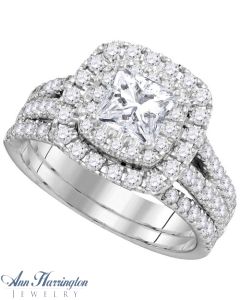14k White or Yellow Gold Certified 2 ct tw Princess and Round Diamond Antique Style Halo Engagement and Wedding Ring Set, A06370