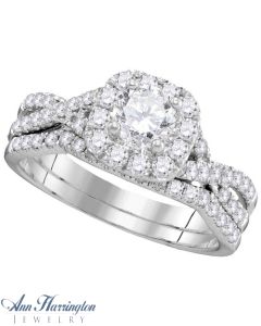 14k White or Yellow Gold 1 ct tw Round Diamond Antique Style Halo Engagement and Wedding Ring Set, A06393