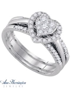 10k or 14k White or Yellow Gold 1/2 ct tw Round Diamond Antique Style Heart Shaped Halo Engagement and Wedding Ring Set