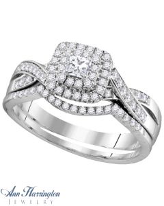 14k White Gold 1/2 ct tw Princess and Round Diamond Antique Style Halo Engagement and Wedding Ring Set, A11723