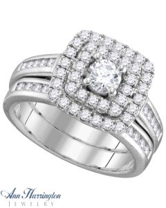 14k White Gold 1 ct tw Round Diamond Antique Style Halo Engagement and Wedding Ring Set, A12144