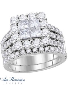 14k White or Yellow Gold 3 ct tw Invisible Set Princess and Round Diamond Antique Style Halo Engagement and Wedding Ring Set, A13070