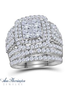 14k White Gold 3 3/4 ct tw Invisible Set Princess and Round Diamond Antique Style Halo Engagement and Wedding Ring Set