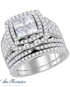 14k White Gold 3 ct tw Invisible Set Princess and Round Diamond Antique Style Halo Engagement and Wedding Ring Set
