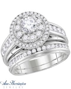 14k White Gold 2 ct tw Round Diamond Antique Style Halo Engagement and Wedding Ring Set
