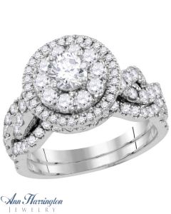 14k White Gold 2 ct tw Round Diamond Antique Style Halo Engagement and Wedding Ring Set