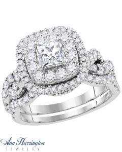 14k White Gold EGL Certified 2 ct tw Princess and Round Diamond Antique Style Halo Engagement and Wedding Ring Set