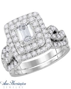 14k White Gold 2 ct tw Emerald and Round Diamond Antique Style Halo Engagement and Wedding Ring Set 