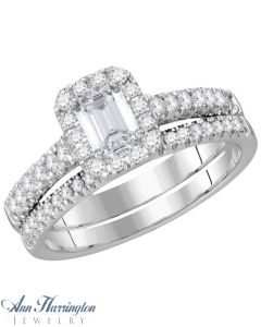 14k White Gold Certified 1 ct tw Emerald and Round Diamond Antique Style Halo Engagement and Wedding Ring Set