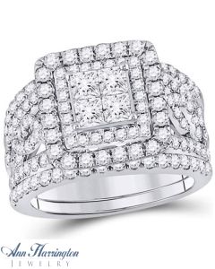 14k White Gold 2 1/2 ct tw Invisible Set Princess and Round Diamond Antique Style Halo Engagement and Wedding Ring Set