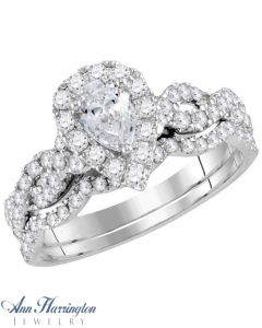 14k White Gold 1 ct tw Pear Shape and Round Diamond Antique Style Halo Engagement and Wedding Ring Set
