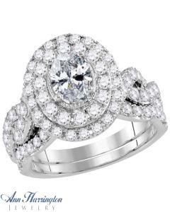 14k White Gold 2 ct tw Oval and Round Diamond Antique Style Halo Engagement and Wedding Ring Set