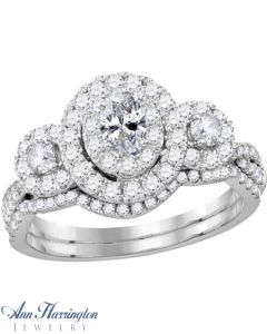 14k White Gold 1 ct tw 3 Stone Oval and Round Diamond Antique Style Halo Engagement and Wedding Ring Set