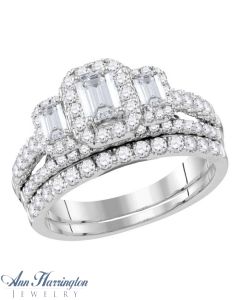 14k White Gold 1 1/2 ct tw 3 Stone Emerald and Round Diamond Antique Style Halo Engagement and Wedding Ring Set