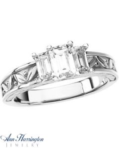 14k White Gold 6x4 and 5x3 mm Emerald 3 Stone Ring Setting