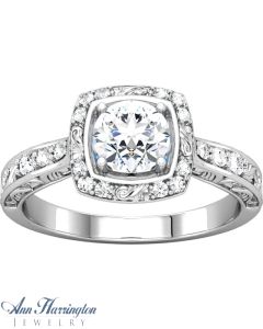 14k White Gold 1/6 ct tw Diamond Halo Antique Style Engraved Engagement Ring, 4.1 to 7 mm (for 1/4 to 1 1/4 ct) Round Semi Setting
