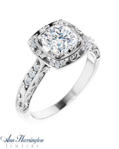 14k White Gold 1/6 ct tw Diamond Halo Antique Style Engraved Engagement Ring, 5x5 to 8x8 mm (3/4 ct to 2 1/2 ct) Cushion Semi Setting