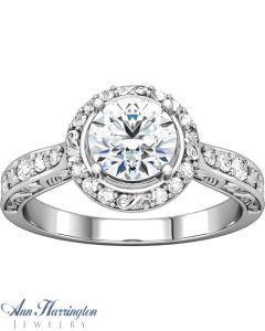 14k White Gold 1/5 ct tw Diamond Halo Antique Style Engraved Engagement Ring, 6.5 mm (for 1 ct) Round Semi Setting, A22030