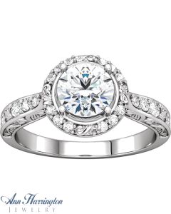 14k White Gold 1/5 ct tw Diamond Halo Antique Style Engraved Engagement Ring, 6.5 mm (for 1 ct) Round Semi Setting, A22030
